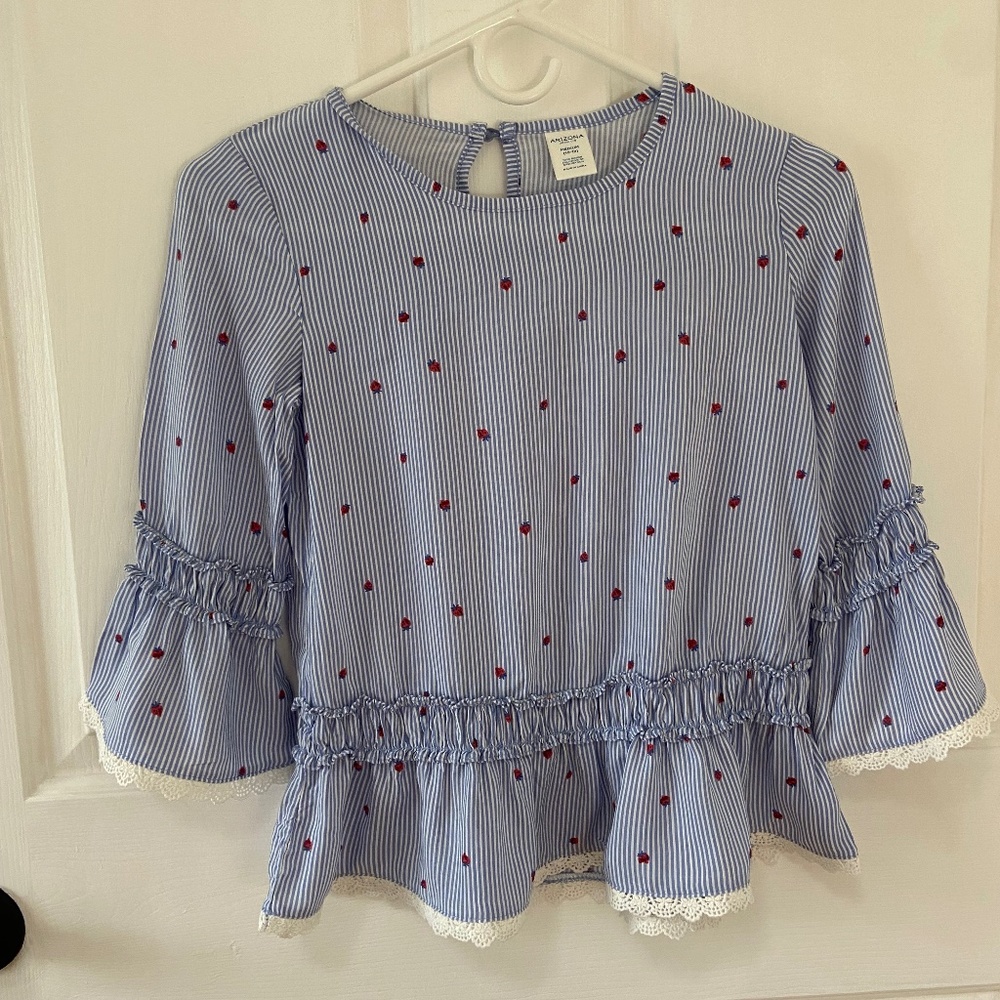 Arizona blue white Striped embroidered Strawberry Shirt Girls Size 10 /12 Medium